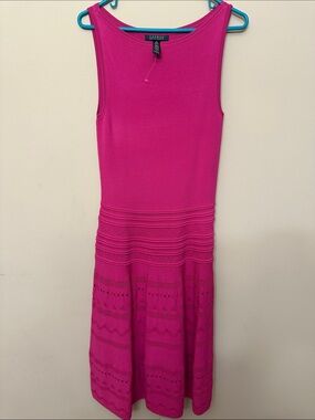 LRL RALPH LAUREN US M Fuchsia Pink Stretch Pointelle Knit Fit & Flare Midi Dress